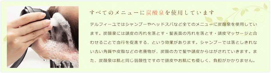 すべてのメニューに炭酸泉を使用しています　テルフィーユではシャンプーやヘッドスパなど全てのメニューに炭酸泉を使用しています。
炭酸泉には頭皮の汚れを落とす・髪表面の汚れを落とす・頭皮マッサージと合わせることで血行を促進する、という効果があります。シャンプーでは落としきれない古い角質や皮脂などの老廃物が、炭酸の力で髪や頭皮からはがされていきます。また、炭酸泉は肌と同じ弱酸性ですので頭皮やお肌にも優しく、負担がかかりません。